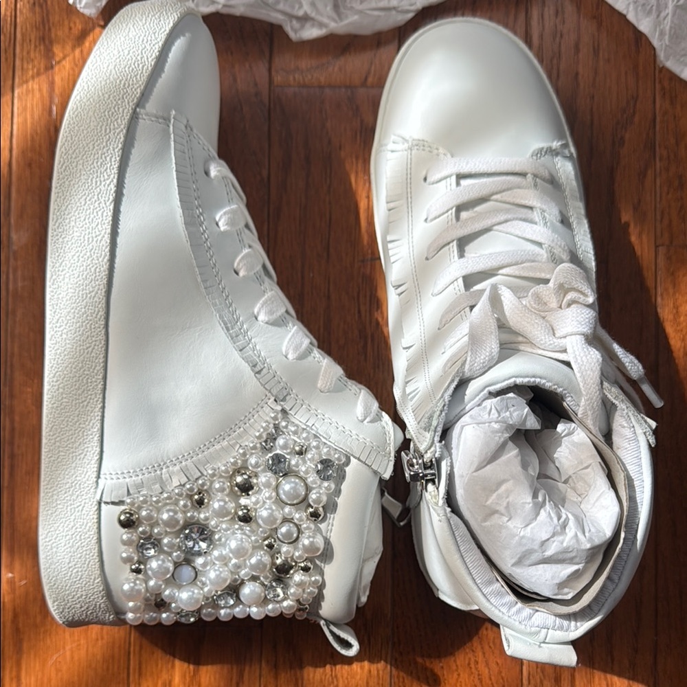Elegant White High-Top Sneakers with Pearl Embellishments